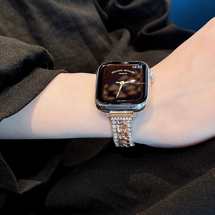 Double-Row Diamond Fine Chain Metal Apple Watch Strap