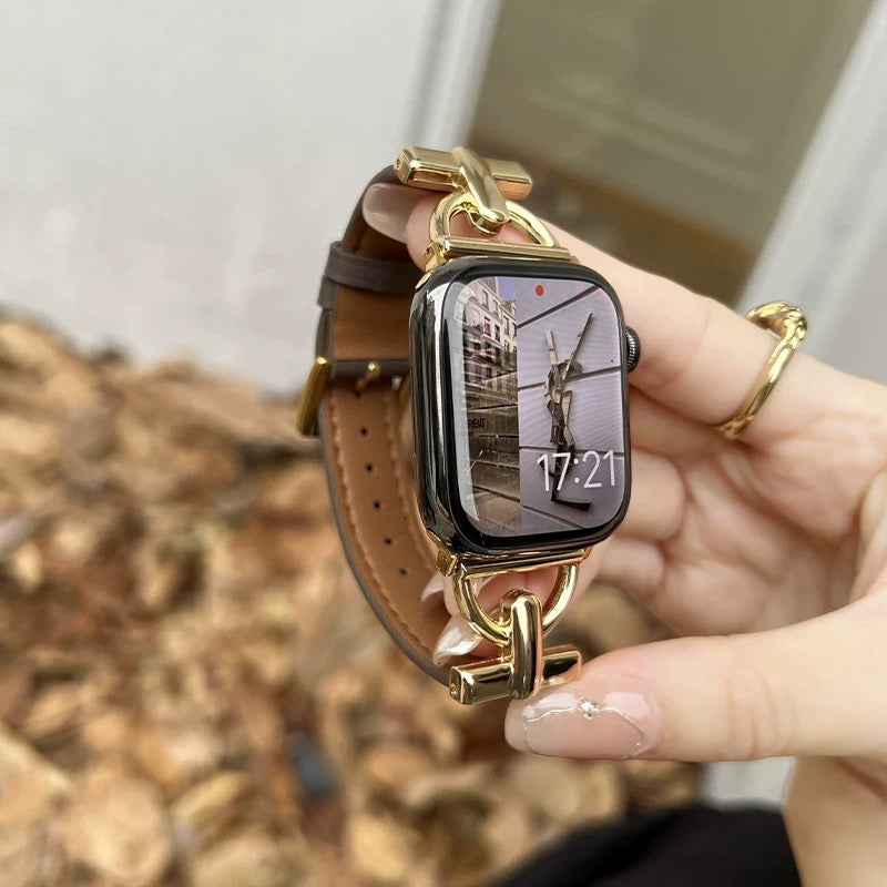 Leather D-Shaped Metal Apple Watch Strap