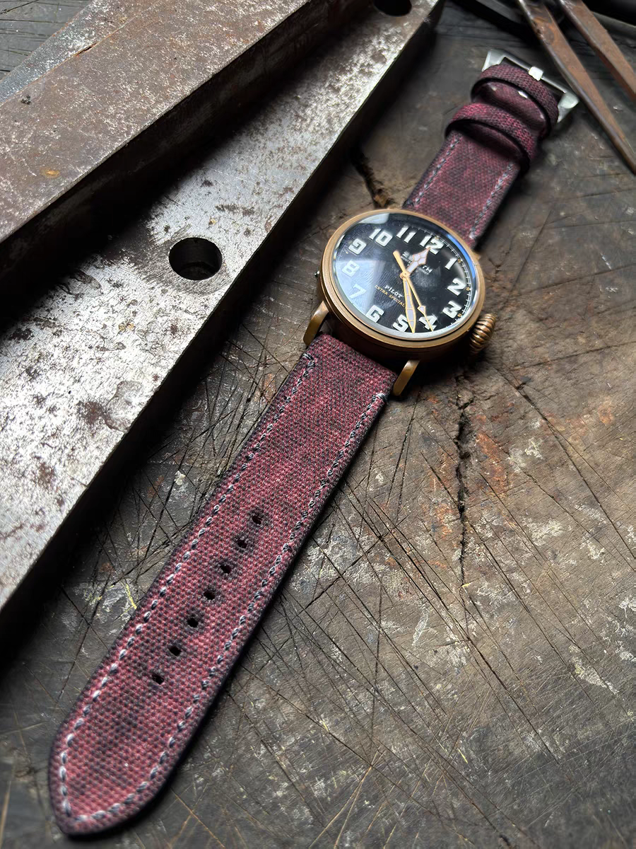 Dark Red Military-style Vintage Distressed Canvas Watch Strap