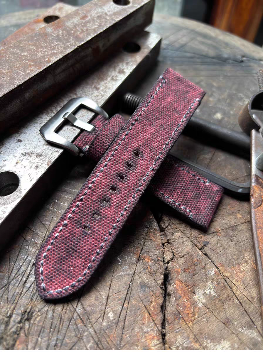 Dark Red Military-style Vintage Distressed Canvas Watch Strap