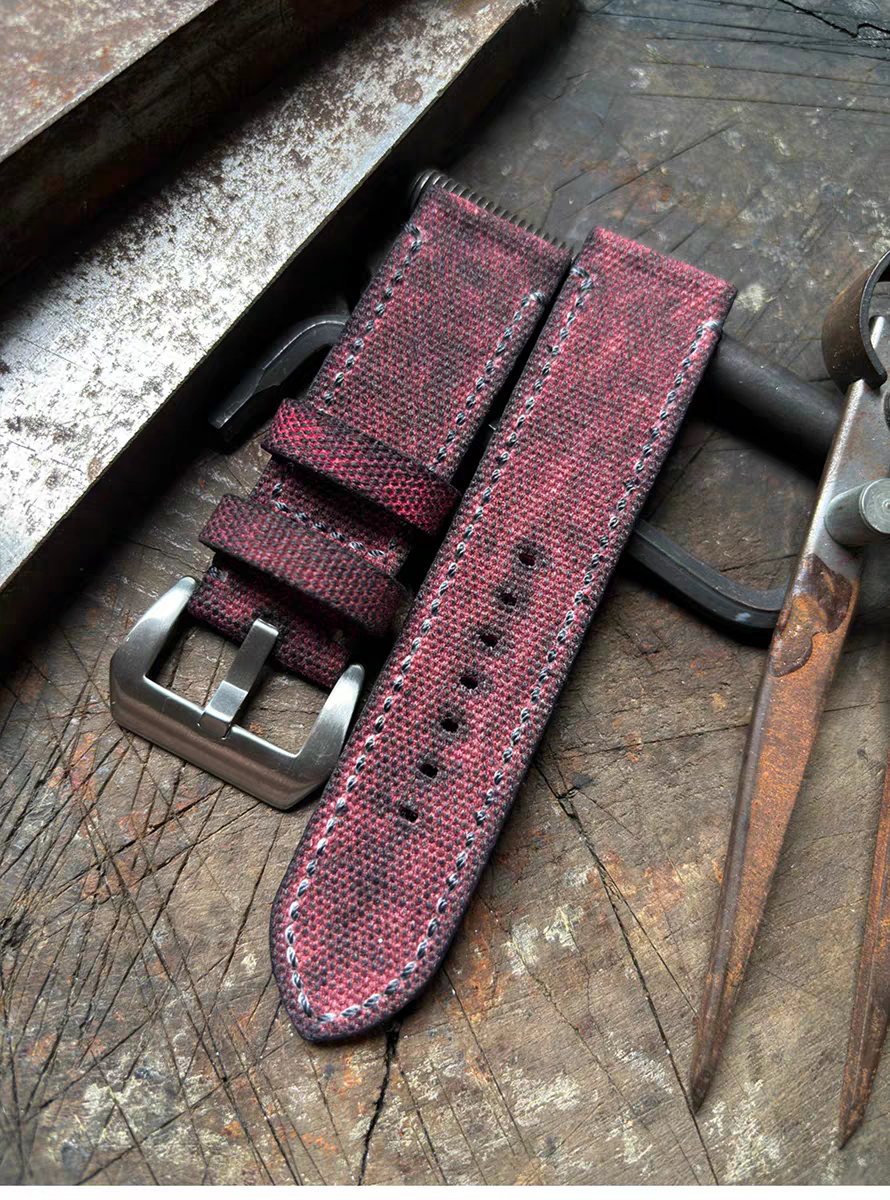 Besopke) Dark Red Military-style Vintage Distressed Canvas Strap