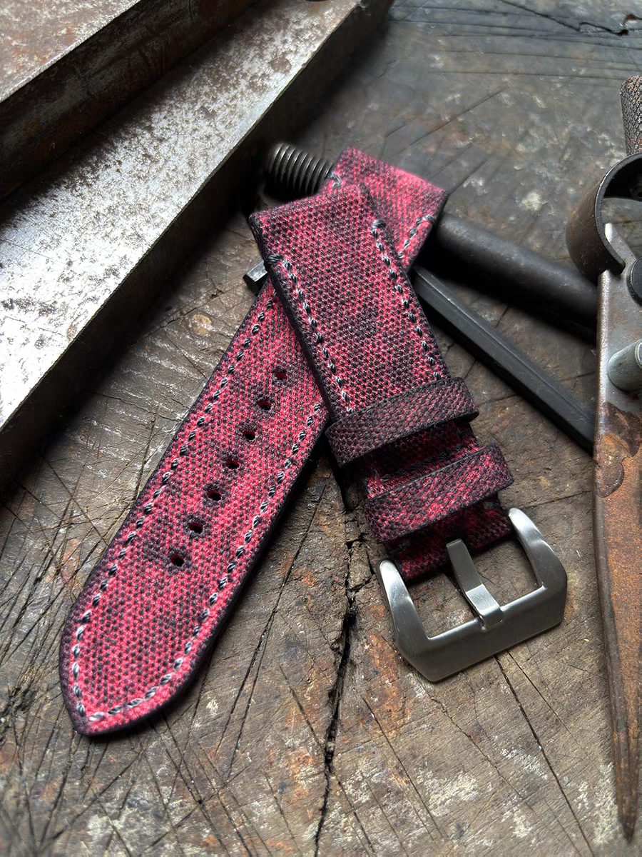 Dark Red Military-style Vintage Distressed Canvas Watch Strap
