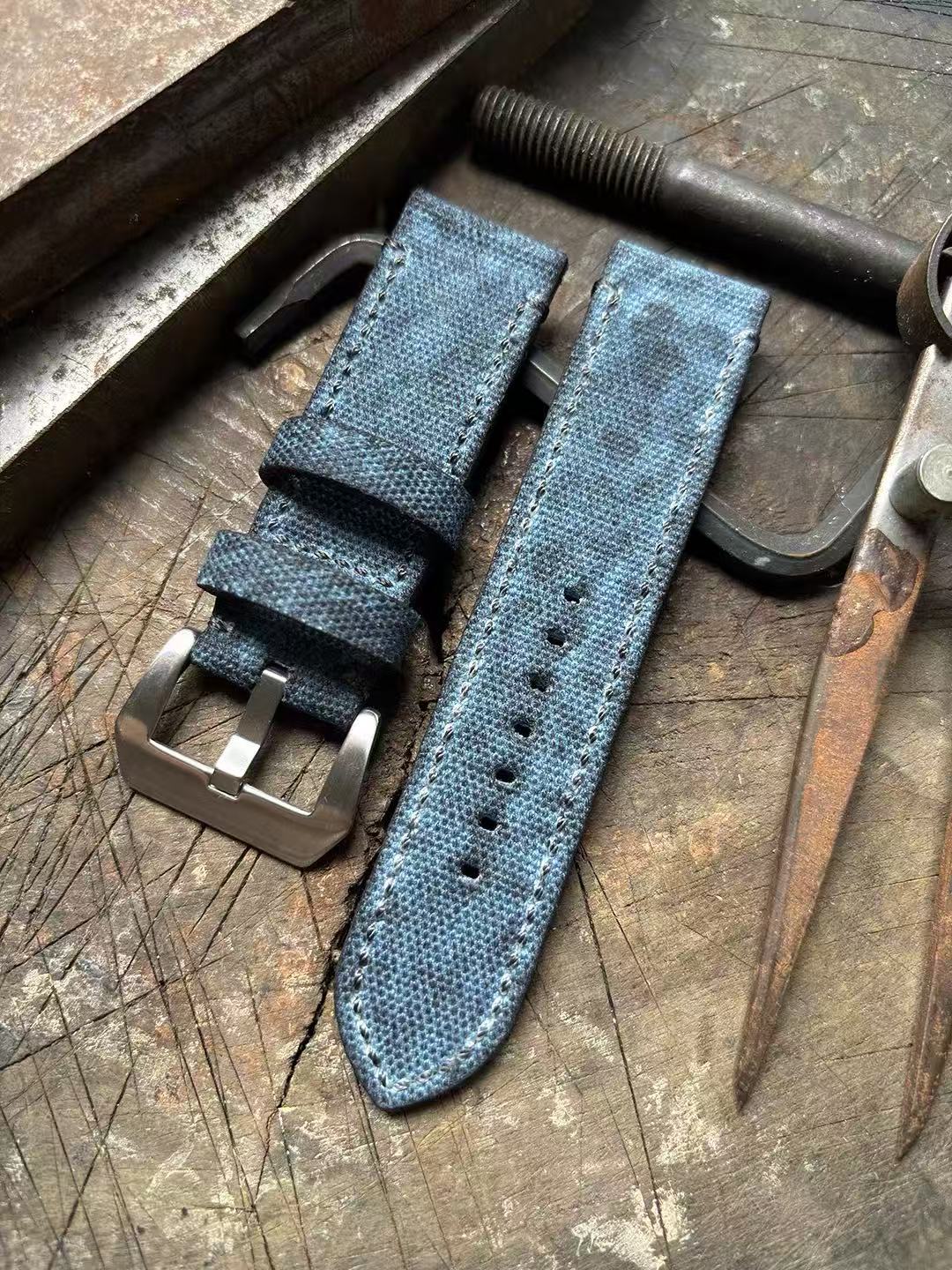 (Bespoke) Indigo Blue Military-style Vintage Distressed Canvas Strap
