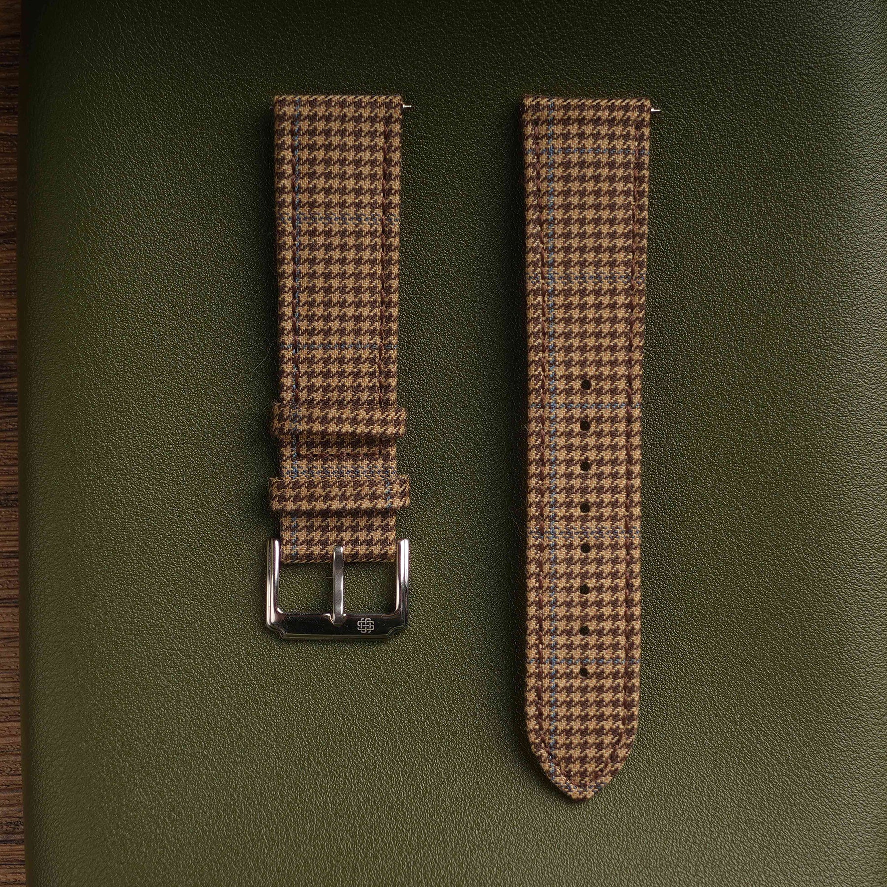 Khaki & Blue Stripe Houndstooth Wool Strap