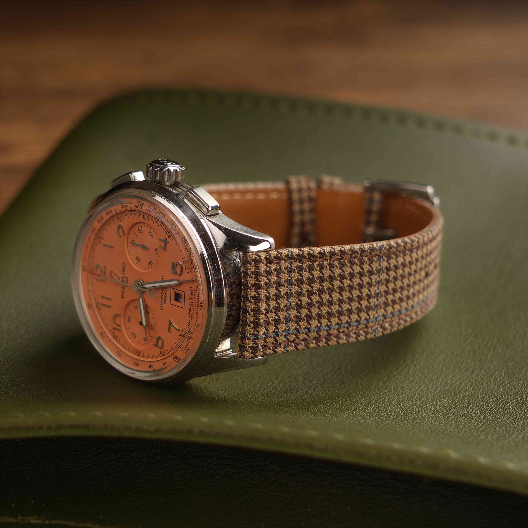 Khaki & Blue Stripe Houndstooth Wool Strap