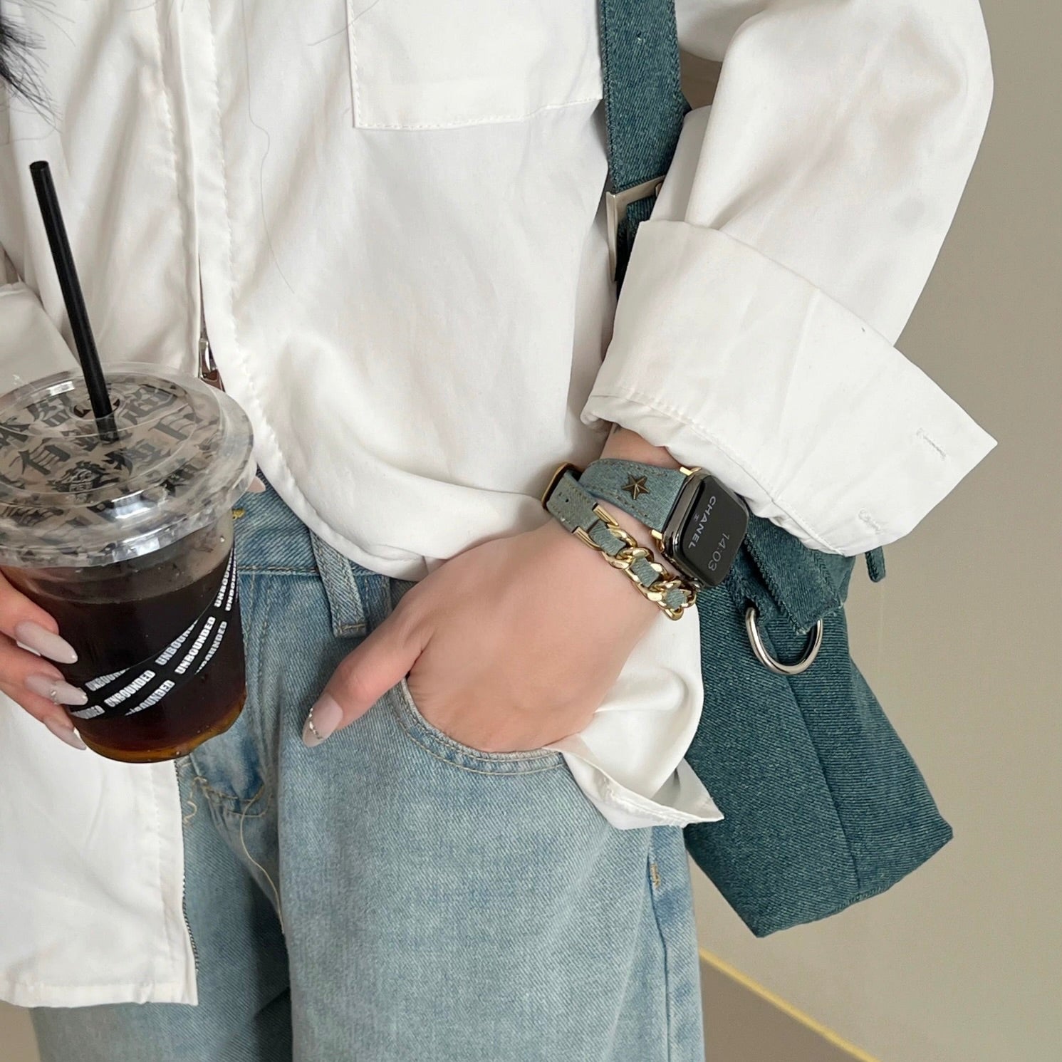 Denim Canvas Double-Loop Star Rivet Apple Watch Strap