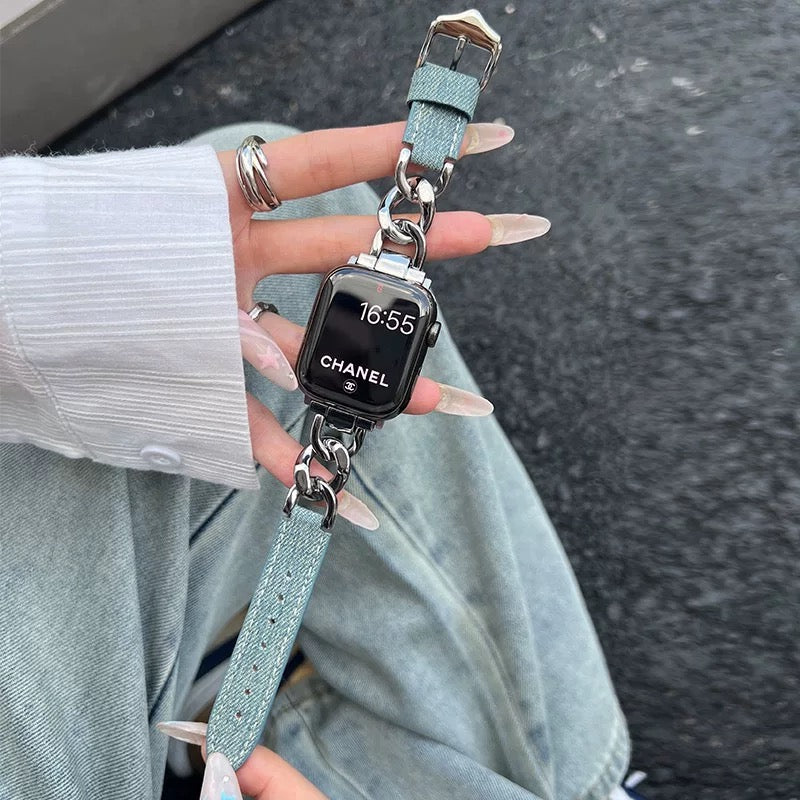 Denim and Metal Chain Apple Watch Strap