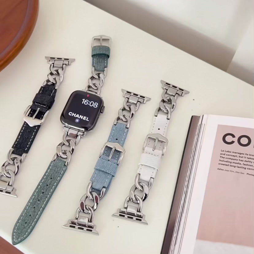 Denim and Metal Chain Apple Watch Strap